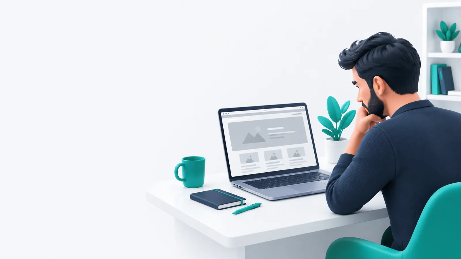 Someone at a desk studying their own website on a laptop.
